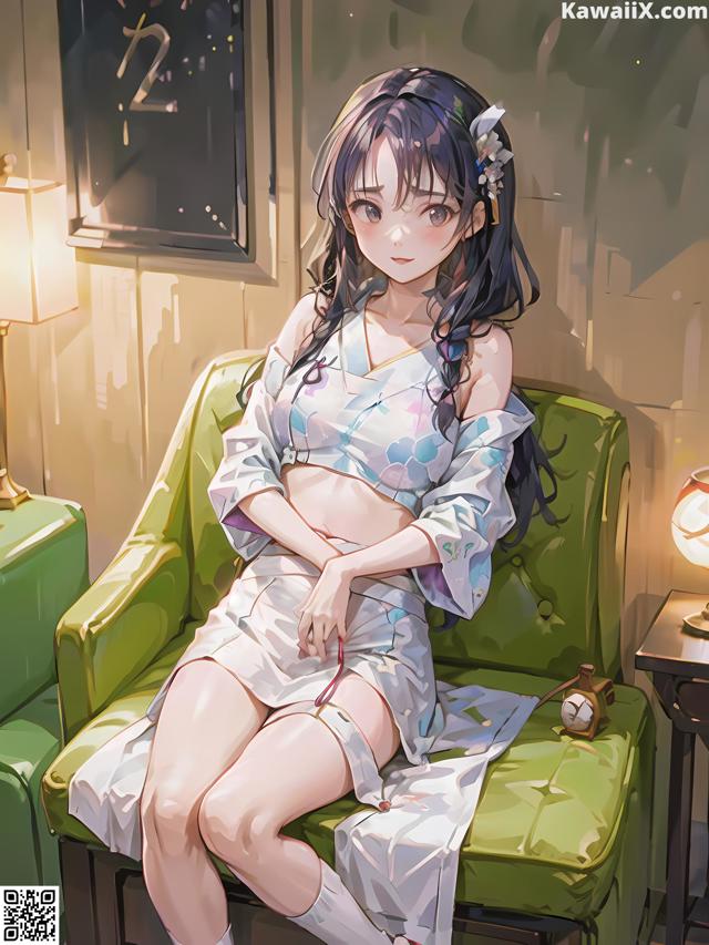 A woman sitting on a green chair in a room.