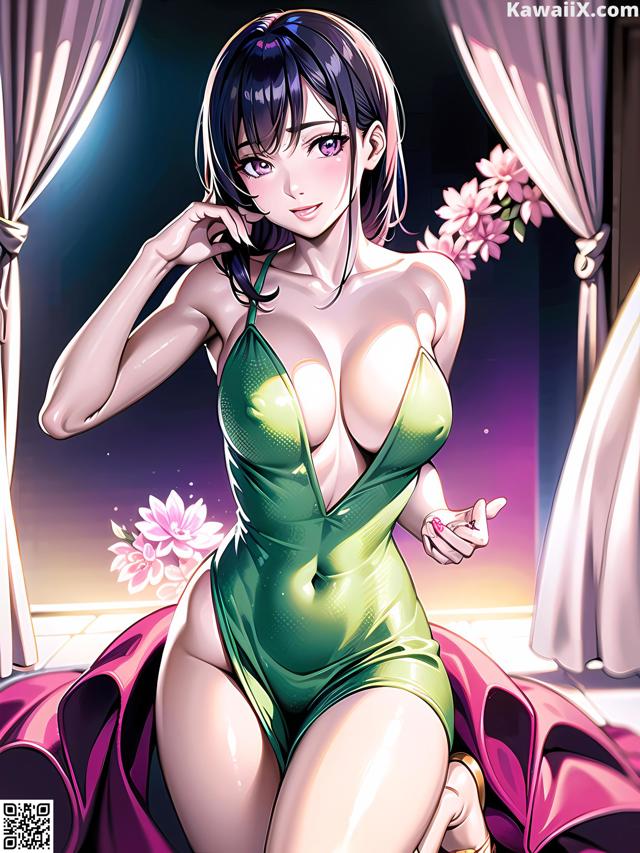 A woman in a green bathing suit sitting on a bed.