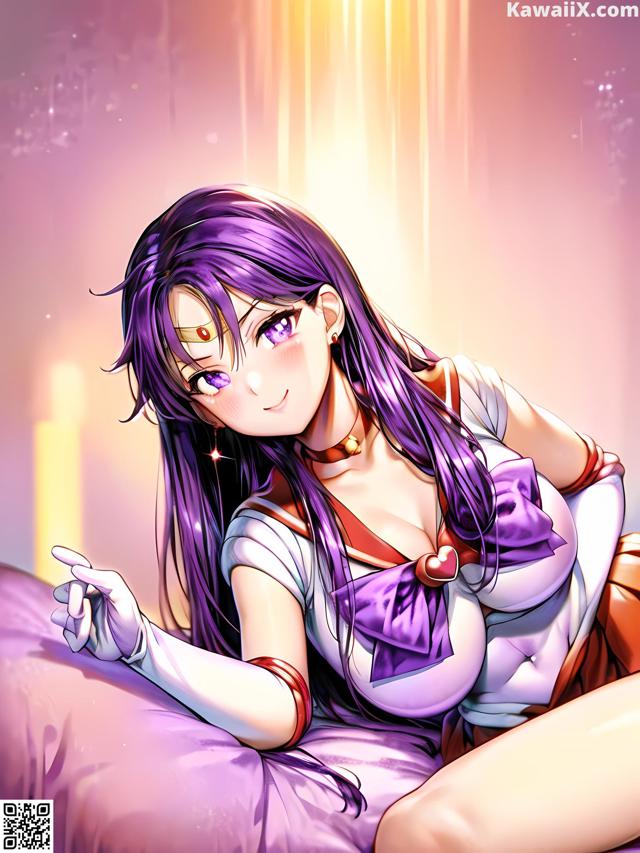 A girl with purple hair sitting on a bed.