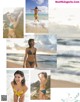 A collage of photos of a woman in a bikini on the beach.