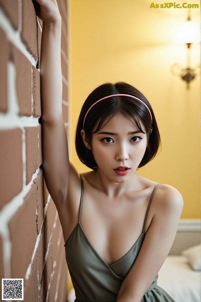 A woman leaning against a brick wall with her hand on the wall.