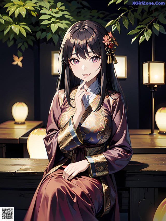 A woman in a kimono sitting on a table.